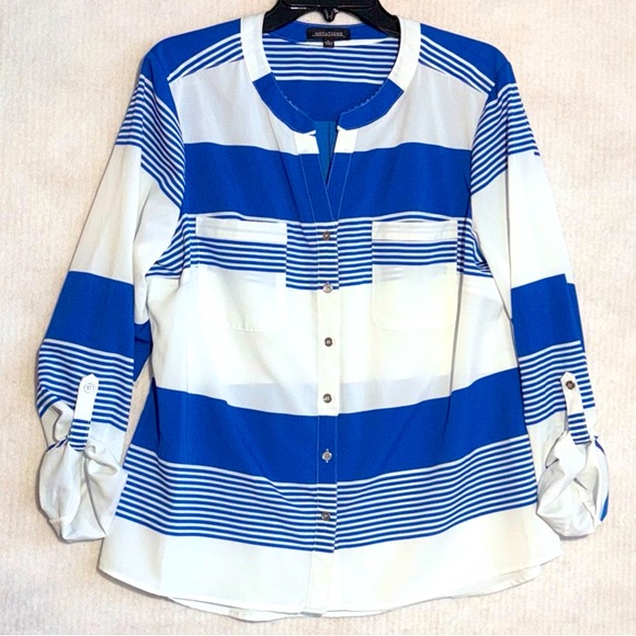 Notations Tops - Notations Blouse Shirt Women's Large Round-Neck Wrap Long Sleeve Colorful Blue